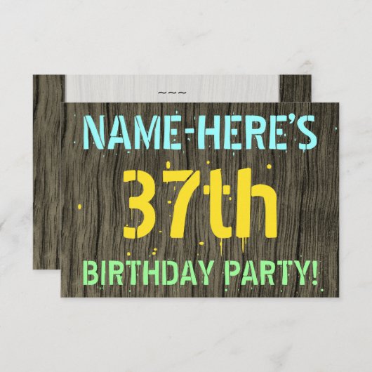 フェイク木、色彩の鮮やか文字ルック、37誕生日+名前 招待状 (正面/裏面)