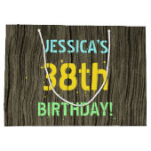 フェイク木、色彩の鮮やか文字ルック、38誕生日+名前 ラージペーパーバッグ (裏面)