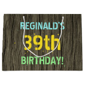 フェイク木、色彩の鮮やか文字ルック、39誕生日+名前 ラージペーパーバッグ (正面)