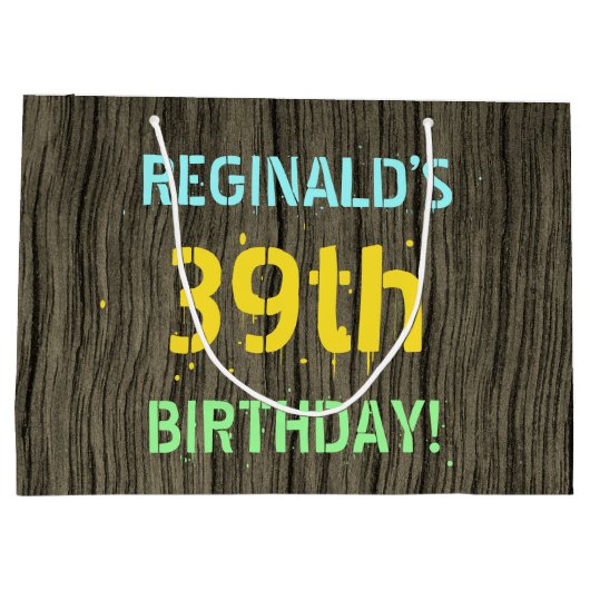 フェイク木、色彩の鮮やか文字ルック、39誕生日+名前 ラージペーパーバッグ (裏面)