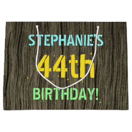 フェイク木、色彩の鮮やか文字ルック、44誕生日+名前 ラージペーパーバッグ
