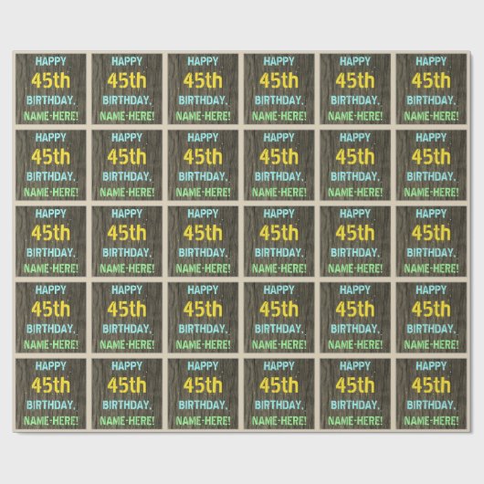 フェイク木、色彩の鮮やか文字ルック、45誕生日+名前 ラッピングペーパー (フラット)