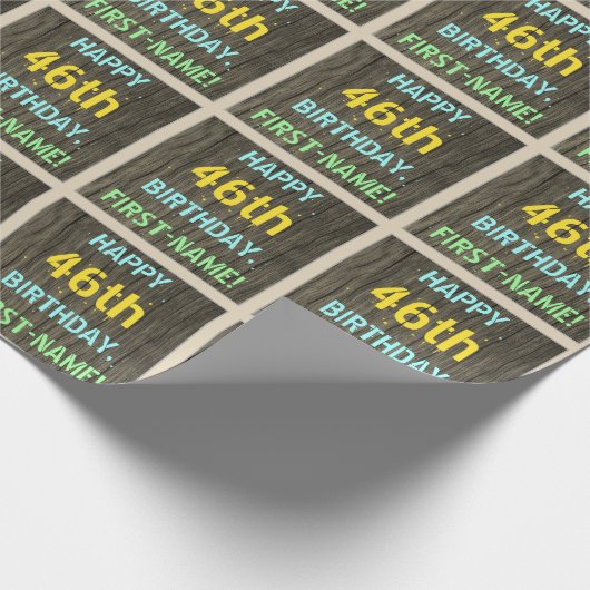 フェイク木、色彩の鮮やか文字ルック、46誕生日+名前 ラッピングペーパー (角)