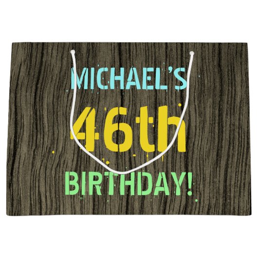 フェイク木、色彩の鮮やか文字ルック、46誕生日+名前 ラージペーパーバッグ (正面)