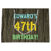 フェイク木、色彩の鮮やか文字ルック、47誕生日+名前 ラージペーパーバッグ (正面)