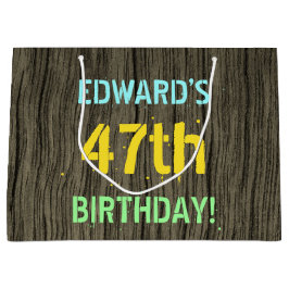 フェイク木、色彩の鮮やか文字ルック、47誕生日+名前 ラージペーパーバッグ