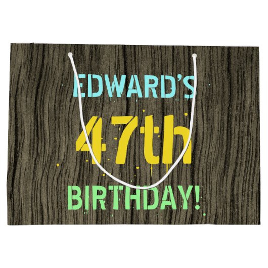 フェイク木、色彩の鮮やか文字ルック、47誕生日+名前 ラージペーパーバッグ (裏面)