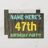 フェイク木、色彩の鮮やか文字ルック、47誕生日+名前 招待状 (正面/裏面)