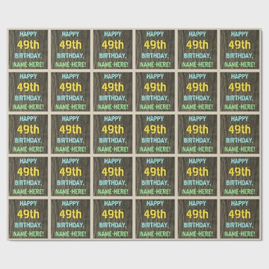 フェイク木、色彩の鮮やか文字ルック、49誕生日+名前 ラッピングペーパー (フラット)