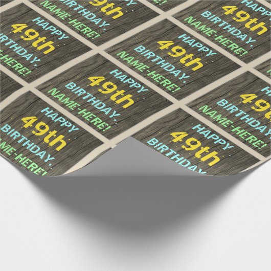 フェイク木、色彩の鮮やか文字ルック、49誕生日+名前 ラッピングペーパー (角)