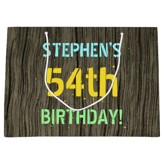 フェイク木、色彩の鮮やか文字ルック、54誕生日+名前 ラージペーパーバッグ (正面)