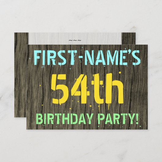 フェイク木、色彩の鮮やか文字ルック、54誕生日+名前 招待状 (正面/裏面)