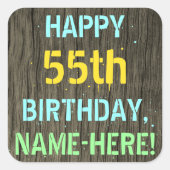 フェイク木、色彩の鮮やか文字ルック、55誕生日+名前 スクエアシール (正面)