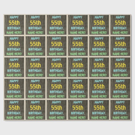 フェイク木、色彩の鮮やか文字ルック、55誕生日+名前 ラッピングペーパー (フラット)