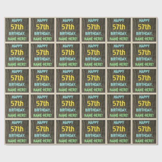 フェイク木、色彩の鮮やか文字ルック、57誕生日+名前 ラッピングペーパー (フラット)