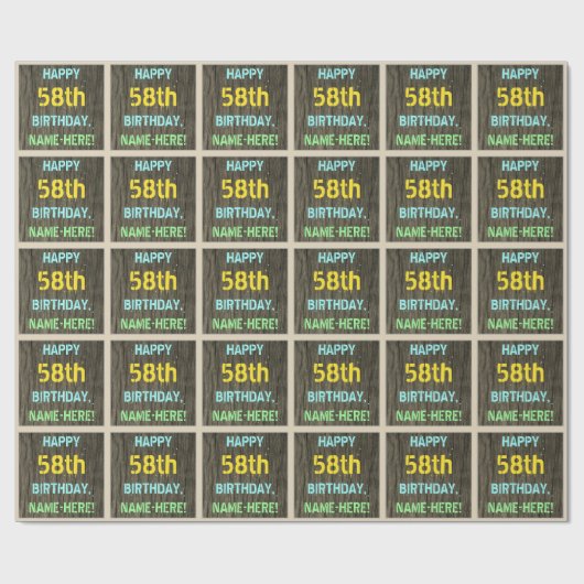フェイク木、色彩の鮮やか文字ルック、58誕生日+名前 ラッピングペーパー (フラット)