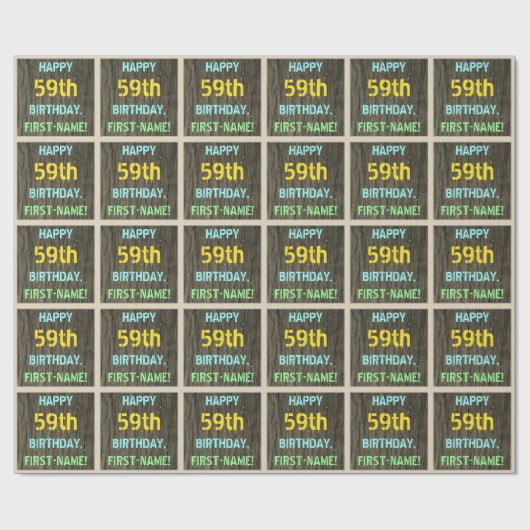 フェイク木、色彩の鮮やか文字ルック、59誕生日+名前 ラッピングペーパー (フラット)