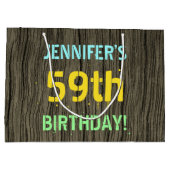 フェイク木、色彩の鮮やか文字ルック、59誕生日+名前 ラージペーパーバッグ (裏面)