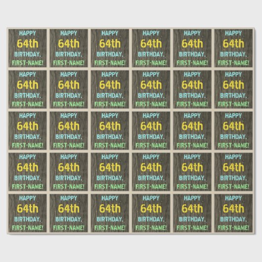 フェイク木、色彩の鮮やか文字ルック、64誕生日+名前 ラッピングペーパー (フラット)