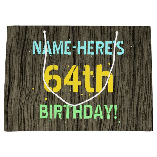 フェイク木、色彩の鮮やか文字ルック、64誕生日+名前 ラージペーパーバッグ (正面)