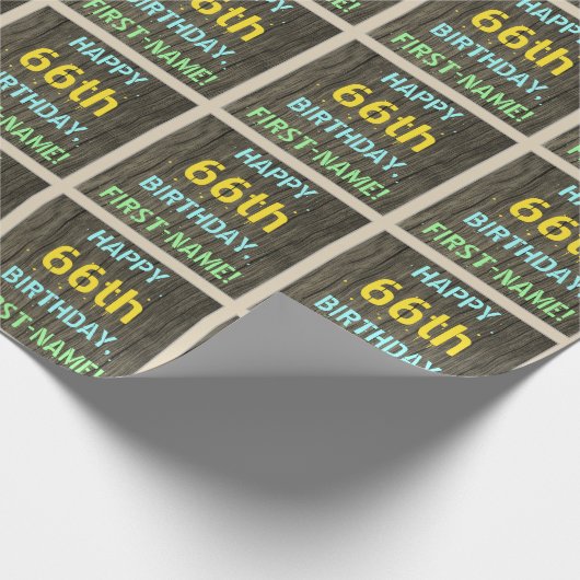 フェイク木、色彩の鮮やか文字ルック、66誕生日+名前 ラッピングペーパー (角)