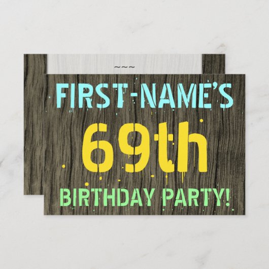 フェイク木、色彩の鮮やか文字ルック、69誕生日+名前 招待状 (正面/裏面)