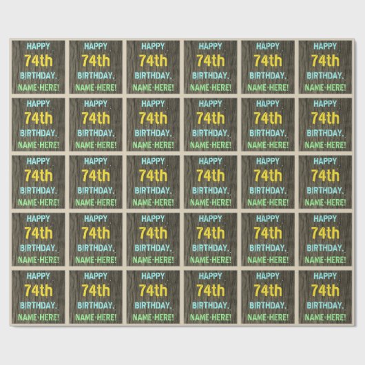 フェイク木、色彩の鮮やか文字ルック、74誕生日+名前 ラッピングペーパー (フラット)
