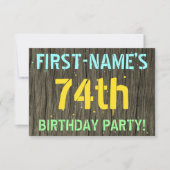 フェイク木、色彩の鮮やか文字ルック、74誕生日+名前 招待状 (正面)