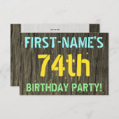 フェイク木、色彩の鮮やか文字ルック、74誕生日+名前 招待状 (正面/裏面)