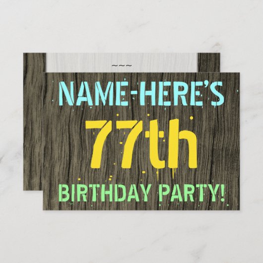 フェイク木、色彩の鮮やか文字ルック、77誕生日+名前 招待状 (正面/裏面)