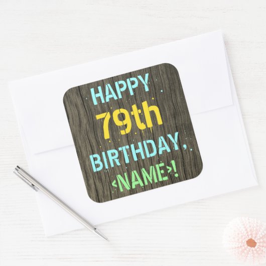 フェイク木、色彩の鮮やか文字ルック、79誕生日+名前 スクエアシール (封筒)