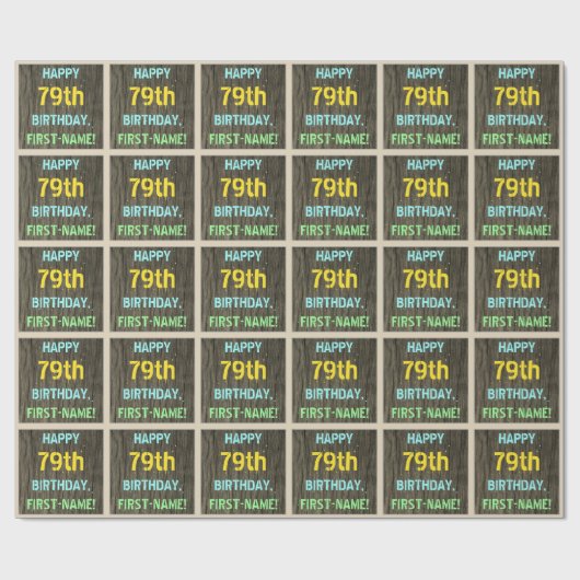 フェイク木、色彩の鮮やか文字ルック、79誕生日+名前 ラッピングペーパー (フラット)