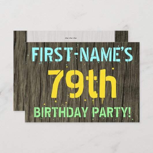 フェイク木、色彩の鮮やか文字ルック、79誕生日+名前 招待状 (正面/裏面)
