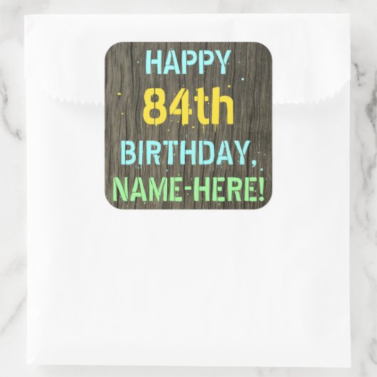 フェイク木、色彩の鮮やか文字ルック、84誕生日+名前 スクエアシール (バッグ)