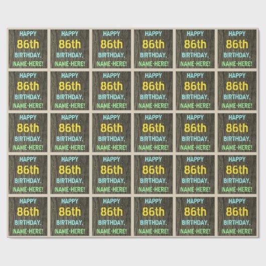 フェイク木、色彩の鮮やか文字ルック、86誕生日+名前 ラッピングペーパー (フラット)
