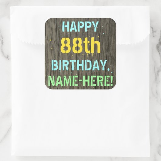 フェイク木、色彩の鮮やか文字ルック、88誕生日+名前 スクエアシール (バッグ)