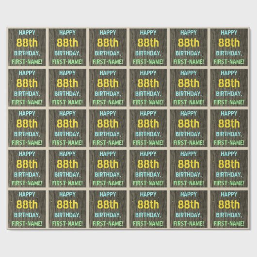フェイク木、色彩の鮮やか文字ルック、88誕生日+名前 ラッピングペーパー (フラット)