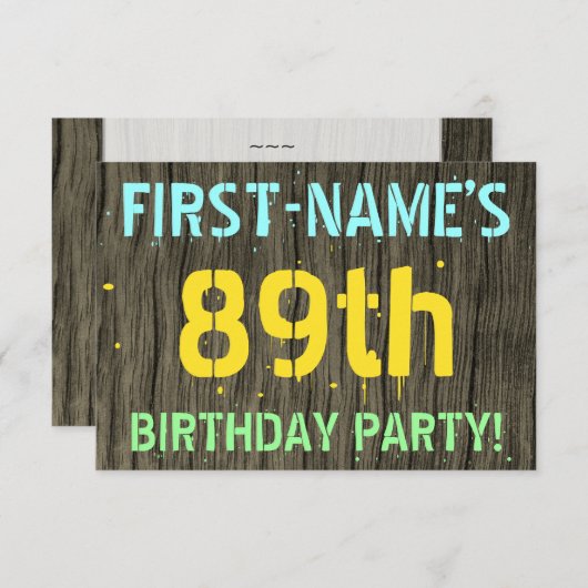 フェイク木、色彩の鮮やか文字ルック、89誕生日+名前 招待状 (正面/裏面)