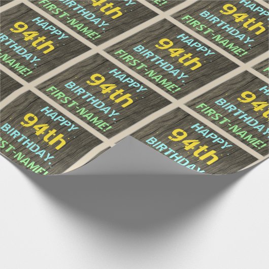 フェイク木、色彩の鮮やか文字ルック、94誕生日+名前 ラッピングペーパー (角)
