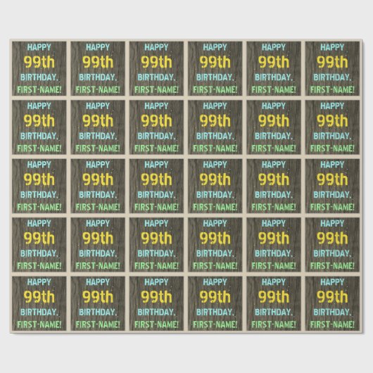 フェイク木、色彩の鮮やか文字ルック、99誕生日+名前 ラッピングペーパー (フラット)