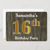 フェイク素朴金ゴールド16th Birthday Party;名前をカスタムする 招待状 (正面/裏面)
