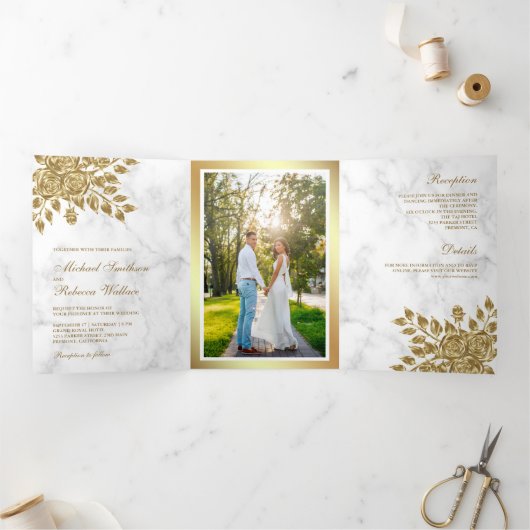 フェイク葉フローラホワイト大理石結婚ズ 三つ折り招待状 (内部)