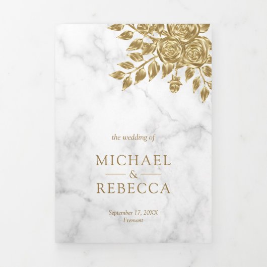 フェイク葉フローラホワイト大理石結婚ズ 三つ折り招待状 (カバー)