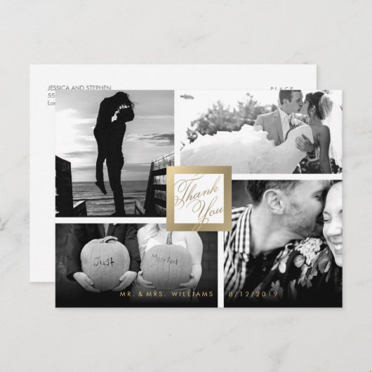 フェイク金ゴールドありがとう結婚4枚の写真はがき ポストカード (正面/裏面)