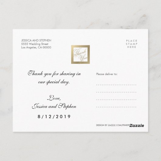 フェイク金ゴールドありがとう結婚4枚の写真はがき ポストカード (裏面)