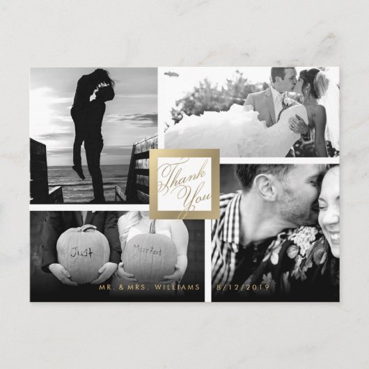 フェイク金ゴールドありがとう結婚4枚の写真はがき ポストカード (正面)