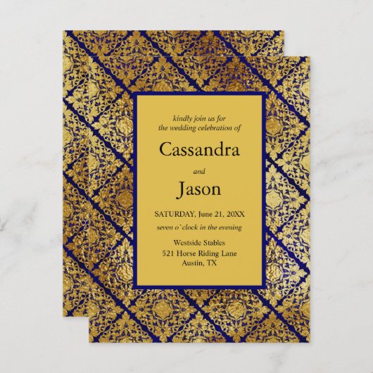 フェイク金ゴールドとブルー結婚ズ 招待状 (正面/裏面)