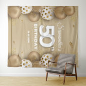 フェイク金ゴールドと白い風船50歳の誕生日 タペストリー (インサイチュ(横))