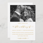 フェイク金ゴールドと白結婚の書道と写真 招待状 (正面/裏面)