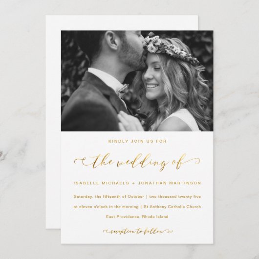 フェイク金ゴールドと白結婚の書道と写真 招待状 (正面/裏面)